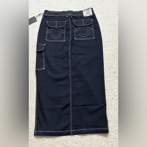 True Religion Women's Dark Blue Denim Maxi Cargo Skirt Sz 29 - Picture 2 of 6